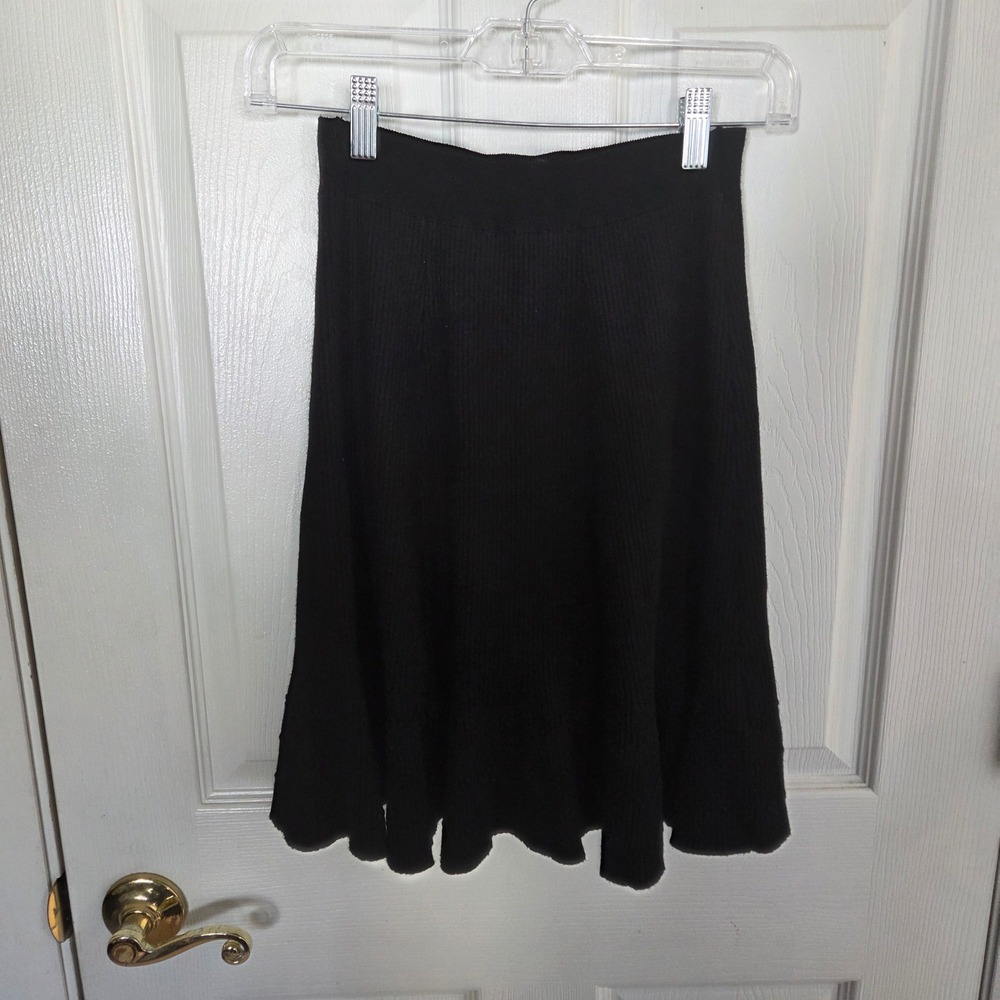 Maeve Anthropologie Black Ribbed Knit Pointelle Chevron Flare Midi Skirt Small
